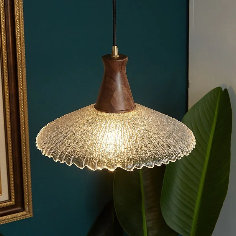 Woodcraft brass and glass ceiling chandelier for restaurant lighting in three available sizes.