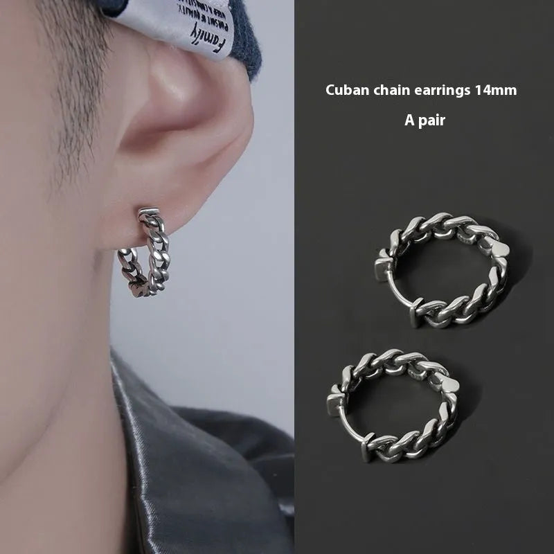 Men's copper geometric hip hop earrings in 10mm and 14mm sizes with auspicious cloud design