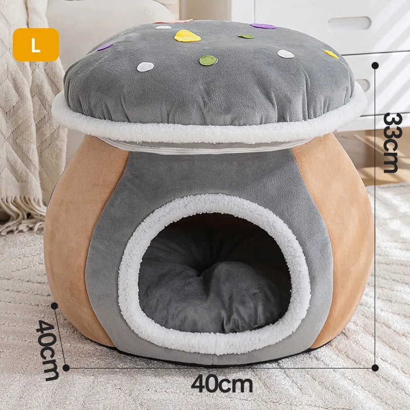 Mushroom-shaped cat bed with rabbit plush cover in grey pink purple colours