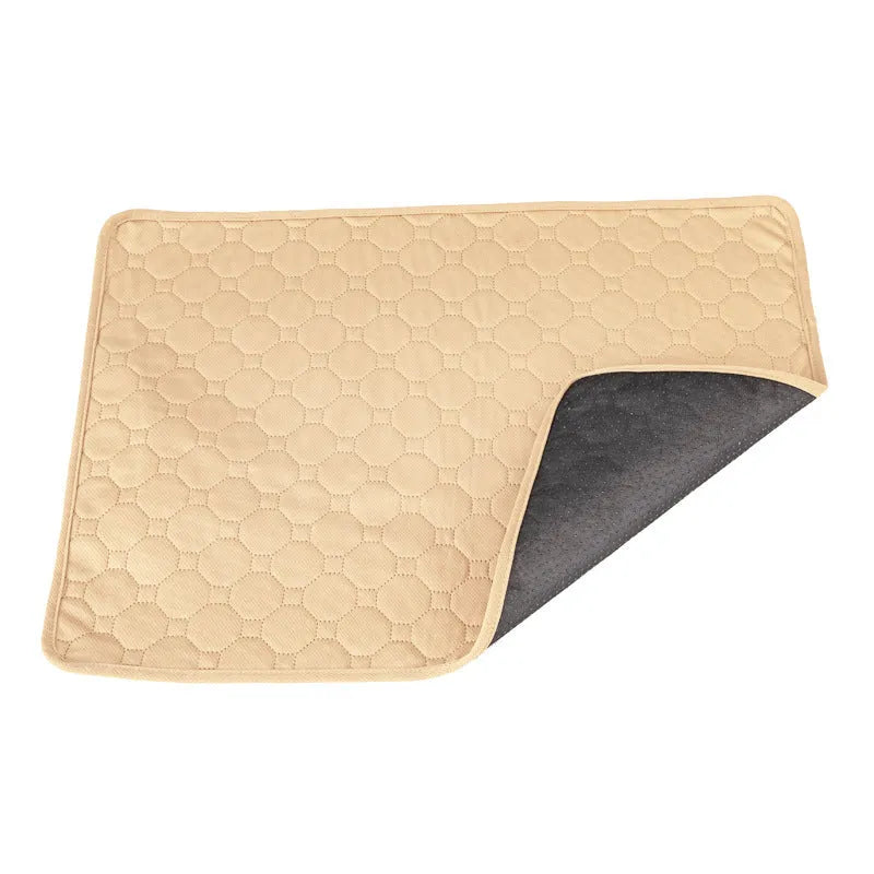 Two neutral coloured washable dog pee pads showing grey and tan options in different sizes