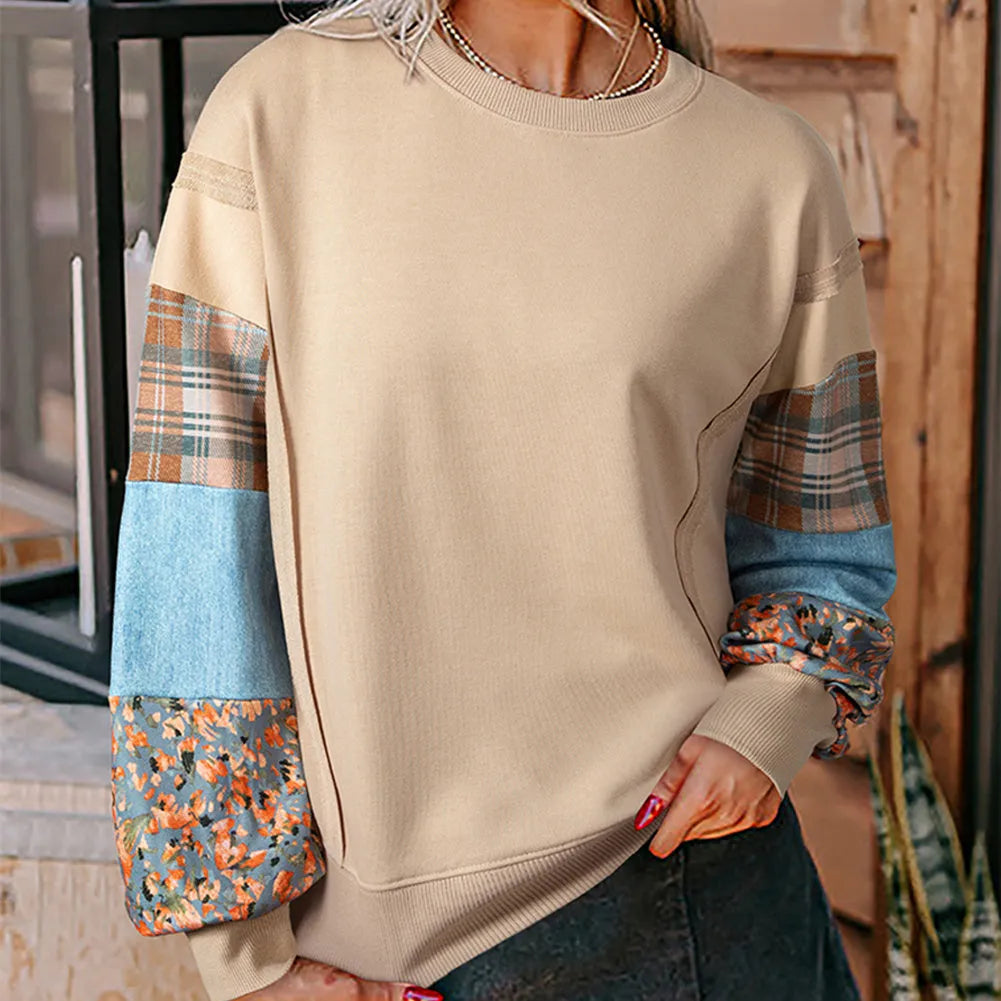 Women's loose fit long-sleeved top with plaid stitch pattern in beige colour