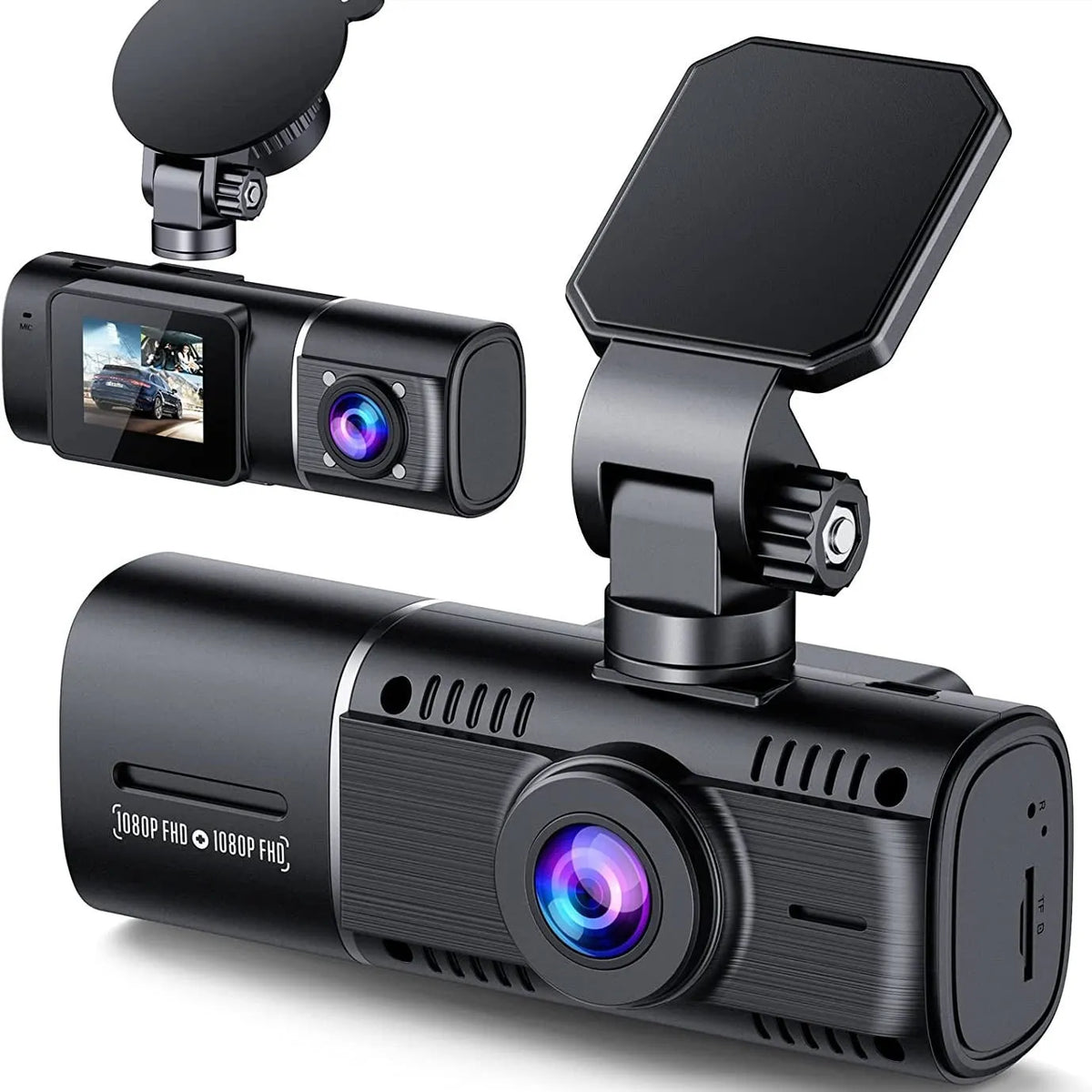 Black dual-lens car dash camera for front and rear recording with parking surveillance mode