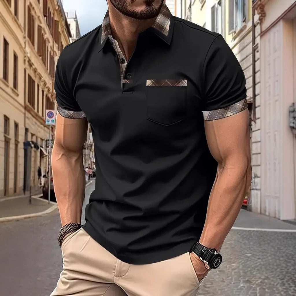 Men's loose fit plaid colourblock T-shirt with zipper decoration details on short sleeves