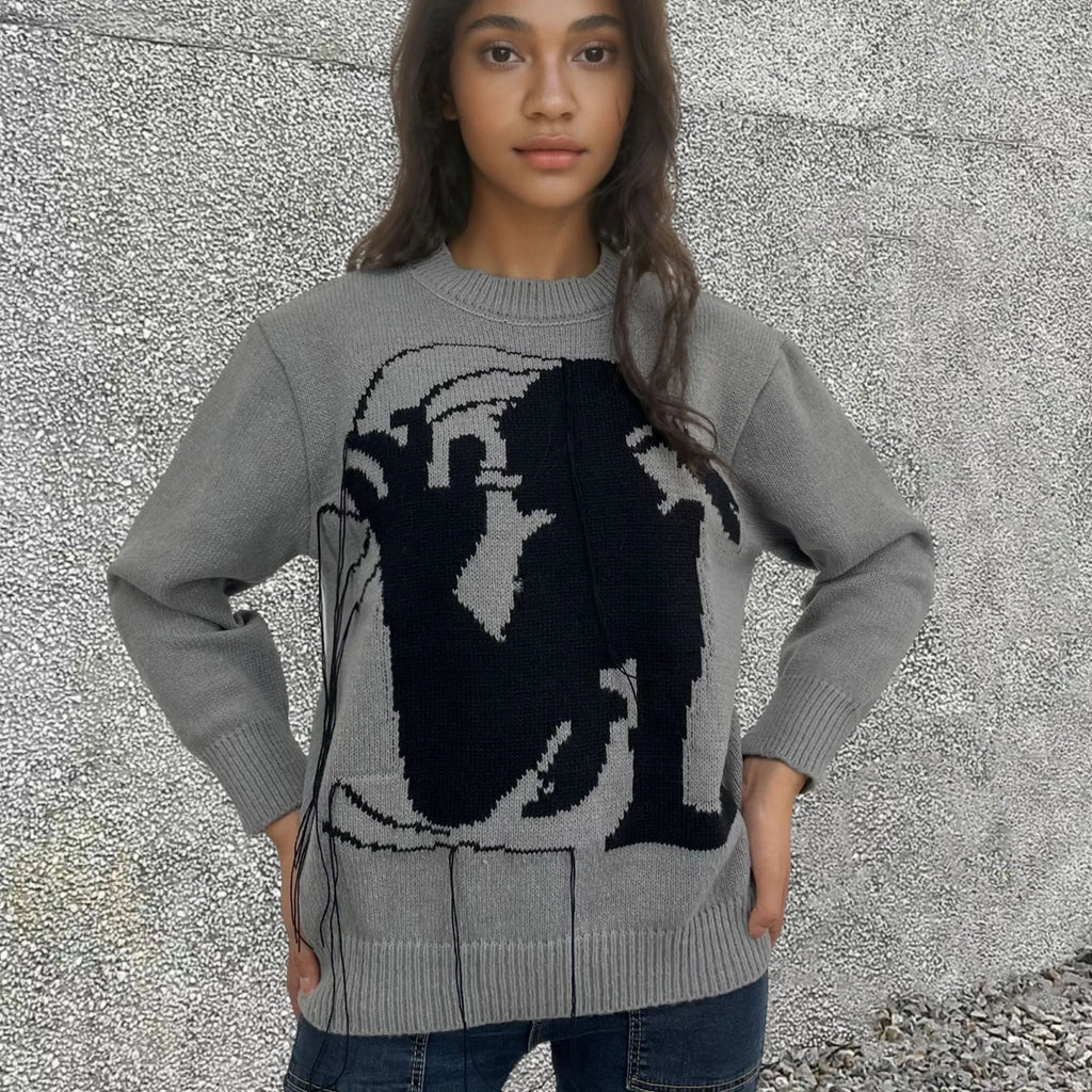 Women's alpaca wool sweater with abstract pattern and tassel design in loose street fashion style