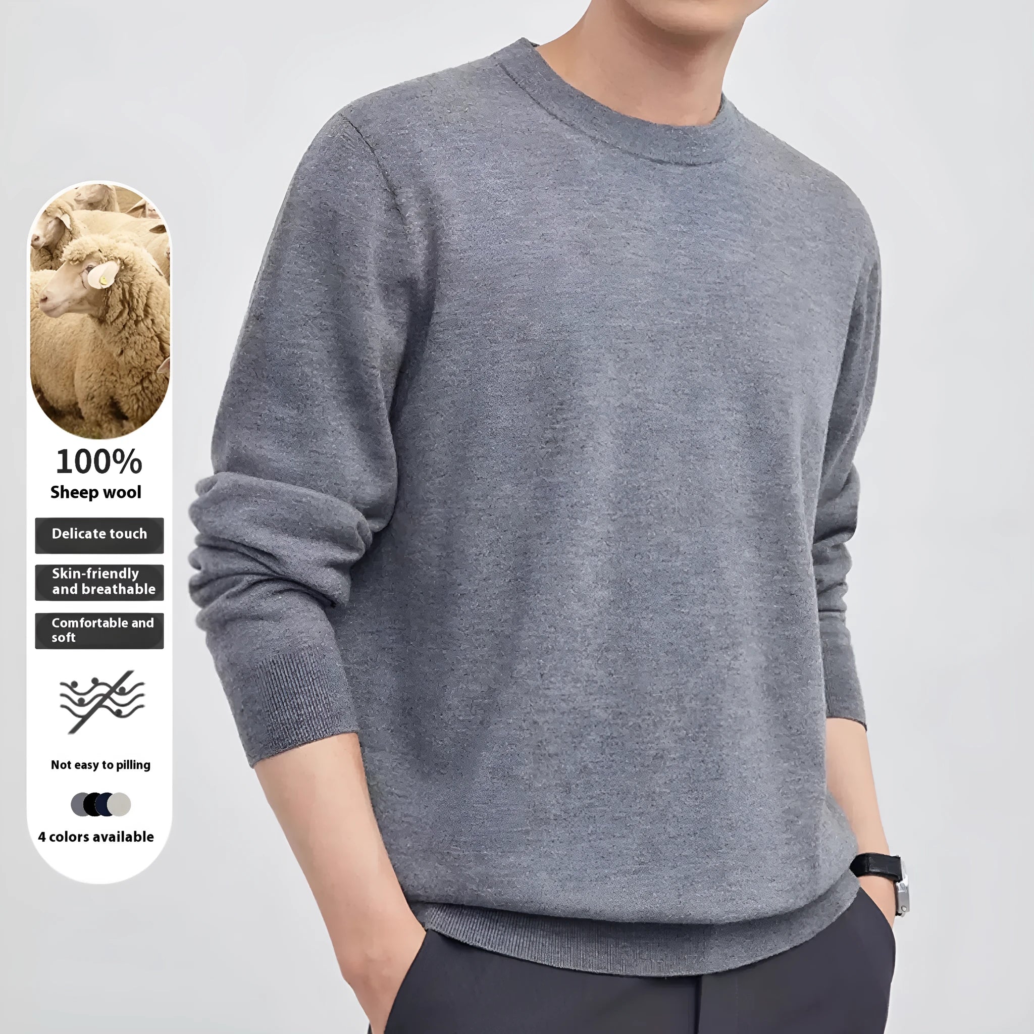 Men's regular fit wool pullover sweater in light grey, shown on a model for business casual wear.