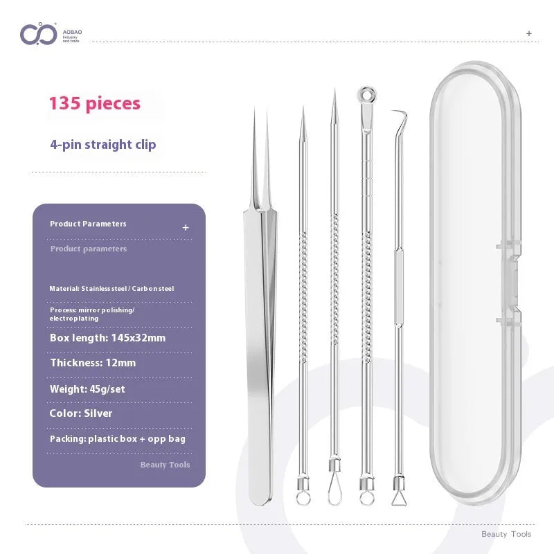 Four silver metal acne needles with ultra-fine pointed tips for blackhead extraction.