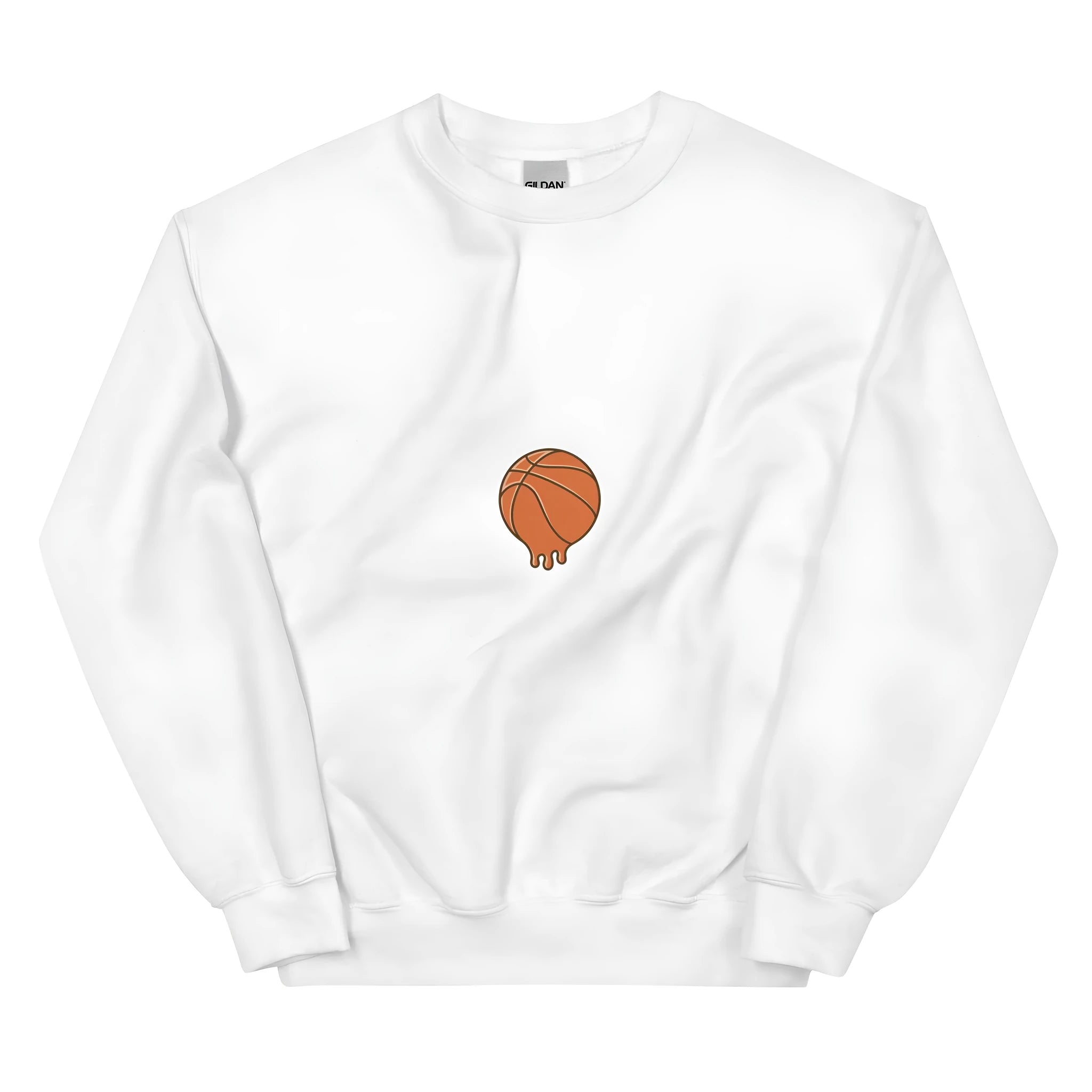 White hooded fleece sweatshirt with a printed design and side pockets.