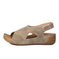 Roman platform sandals with skirt detail showing adjustable Velcro strap and open toe design