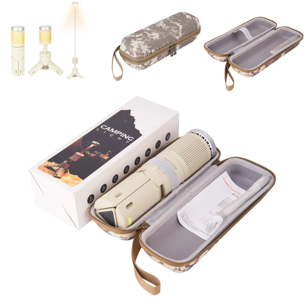 Portable battery LED camping light in off white or dark grey colour with button switch