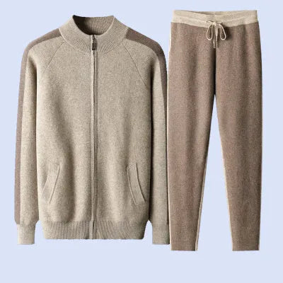 Men's camel coloured cashmere wool blend half turtleneck zipper cardigan and matching trousers winter sports suit