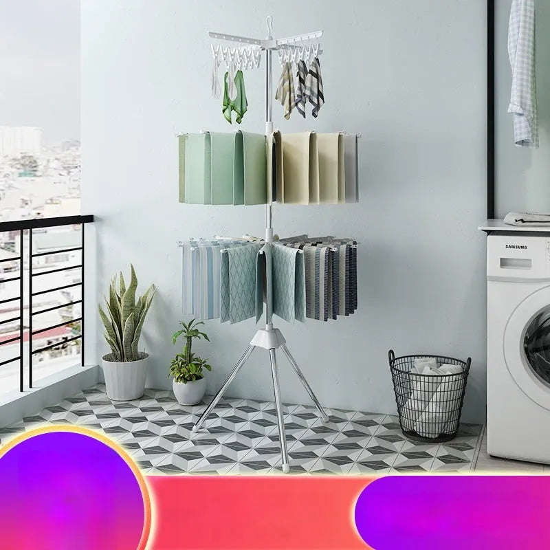 Mobile split plastic clip drying rack with three stainless steel layers and plastic clothing clips