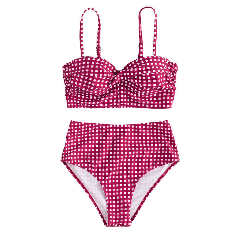Women's high-waist bikini swimsuit with plaid split pattern in rose red colour