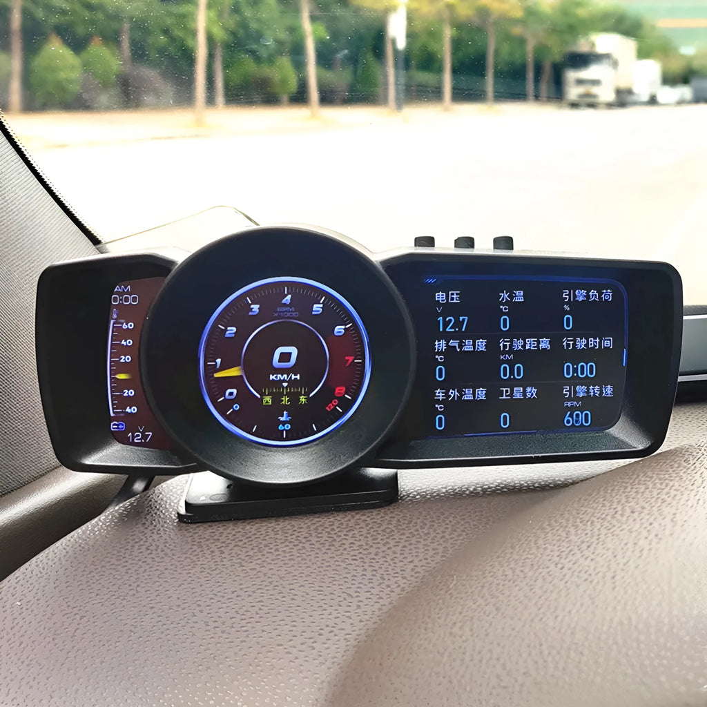 OBDII monitor driving computer with TFT screen display showing vehicle data and navigation information