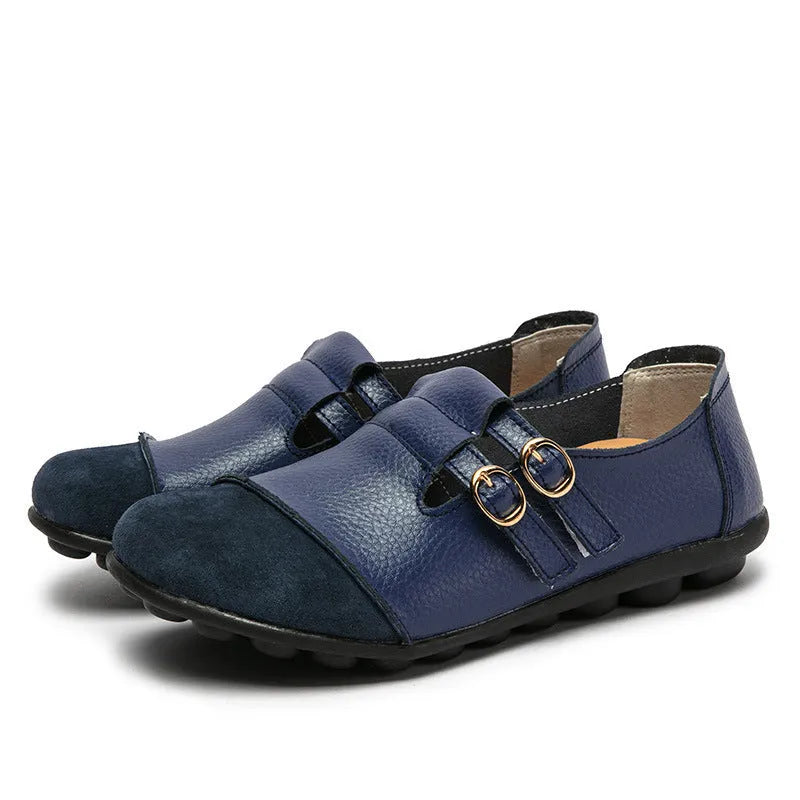 Casual low-top flat shoes with Velcro strap and round toe in cow leather, shown in multiple colours