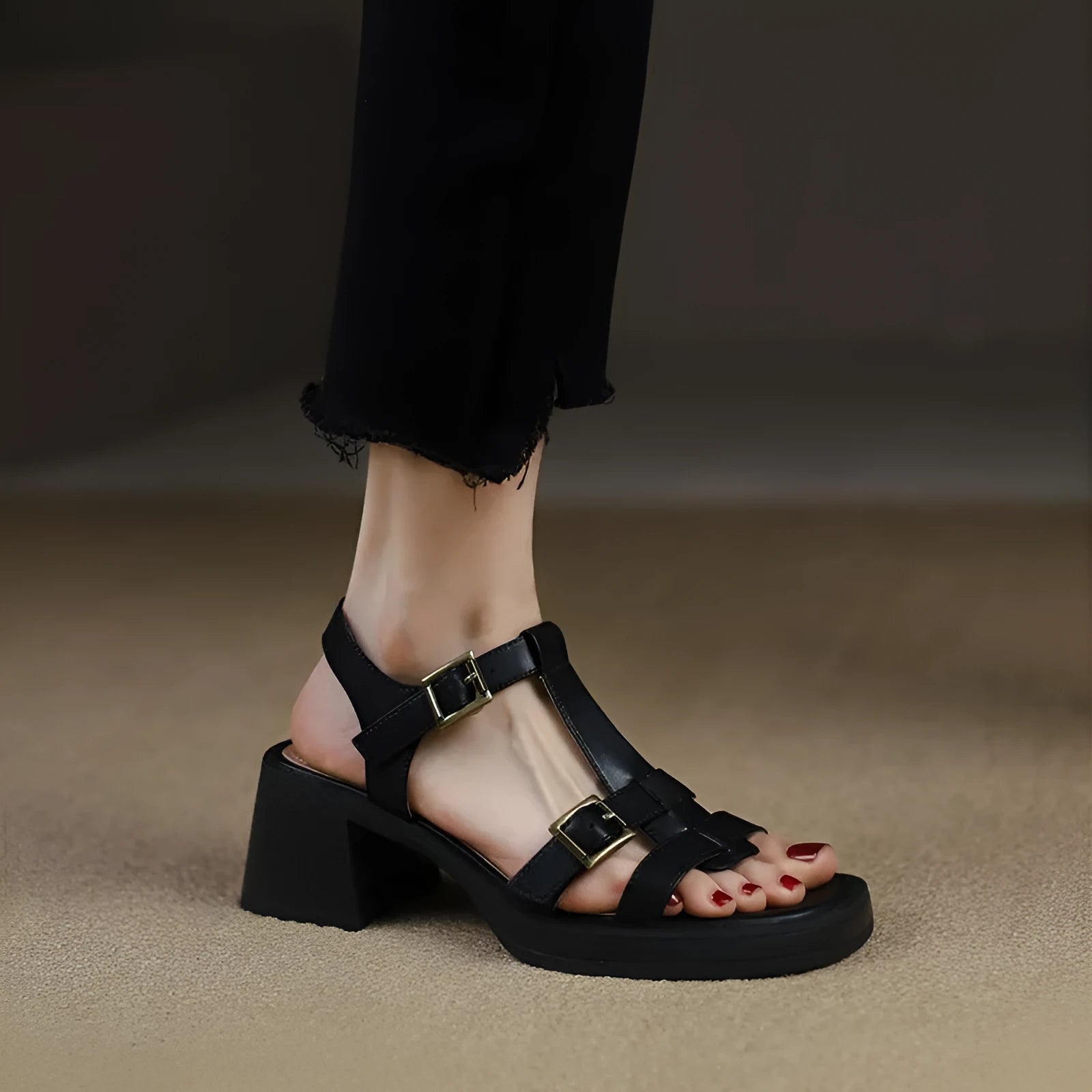 Women's black retro sandals with T-buckle strap, open toe, platform, and chunky heel