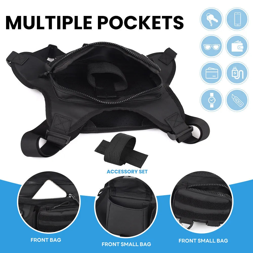 Men's outdoor sports chest bag in oxford cloth, shown in black, grey, and blue colour options.