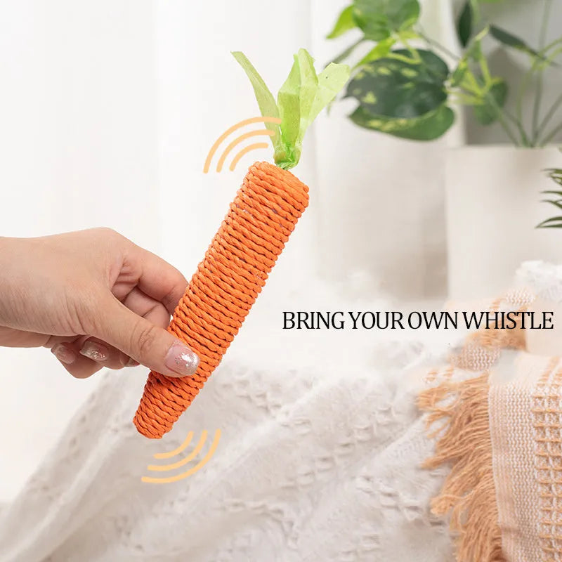 Carrot-shaped paper toys, plastic ringing stones, and textured cat sticks for interactive pet play