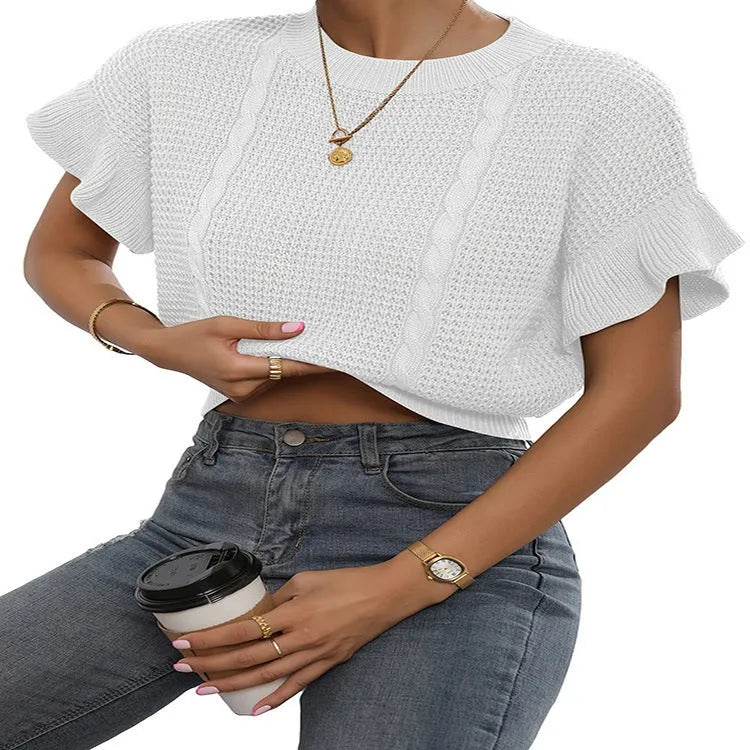 Knitted pullover sweater with twisted string ruffled short sleeves in round neck design