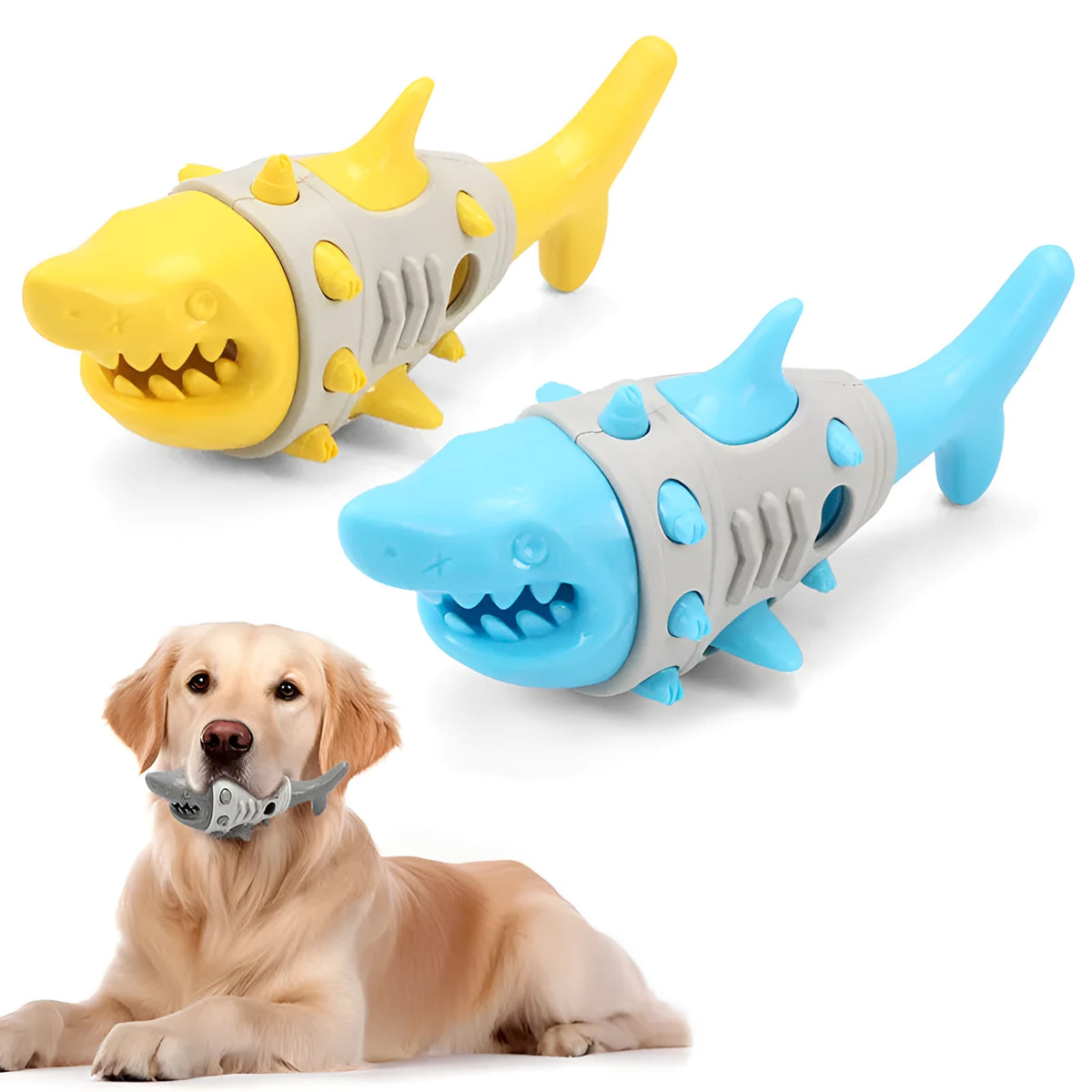Blue, grey, and yellow dog chew toy with textured shark-tooth nubs and bite-resistant channels.