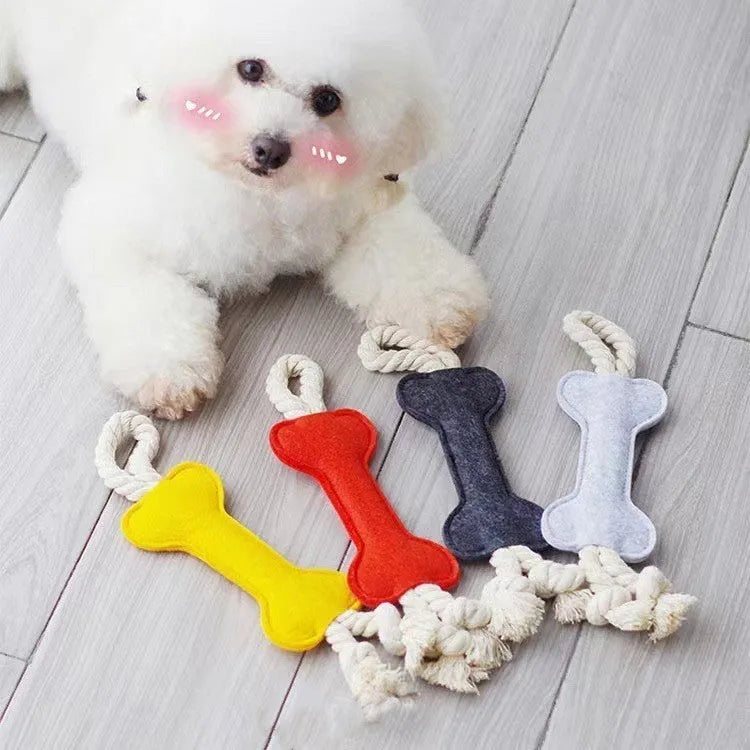 Durable bone-shaped dog chew toy made of felt and rope knots in blue, for bite resistance training.