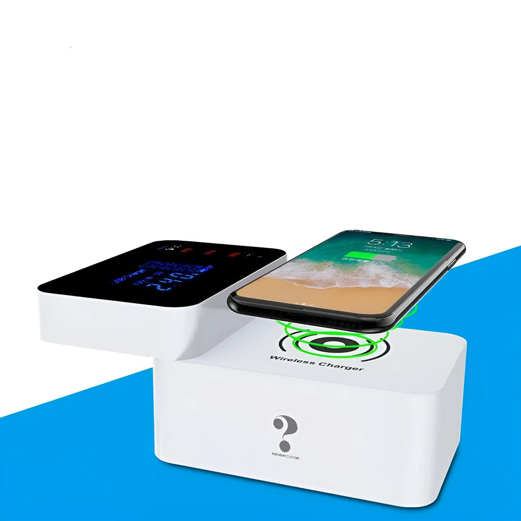 White multi-port USB fast charger with wireless charging pad and 1.5m cable