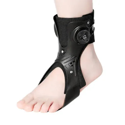 Grey and black ankle fixation brace with an airbag button, shown in separate left and right versions.