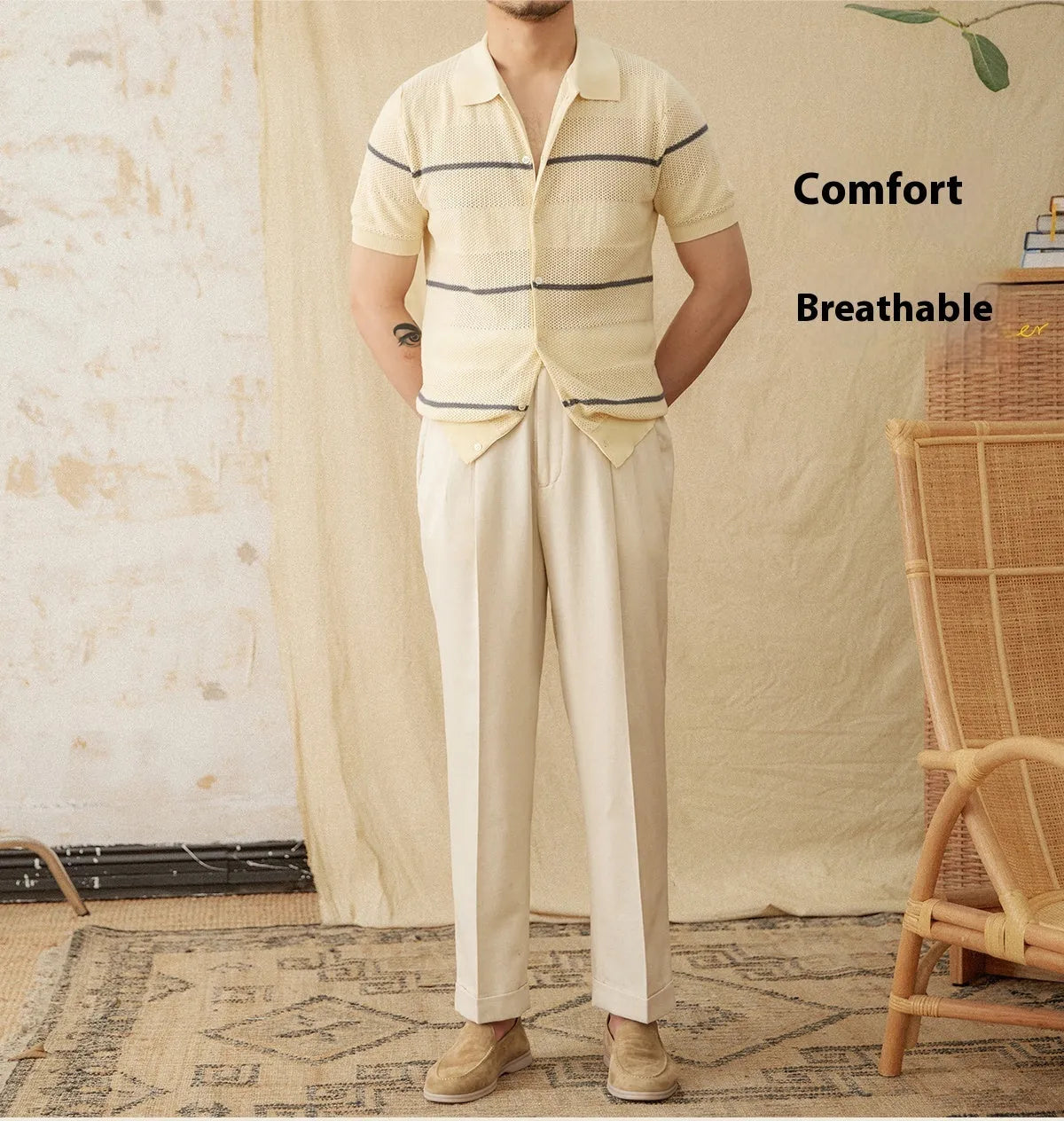 Men's camel coloured lapel cardigan with short sleeves made from a cotton and linen blend fabric.