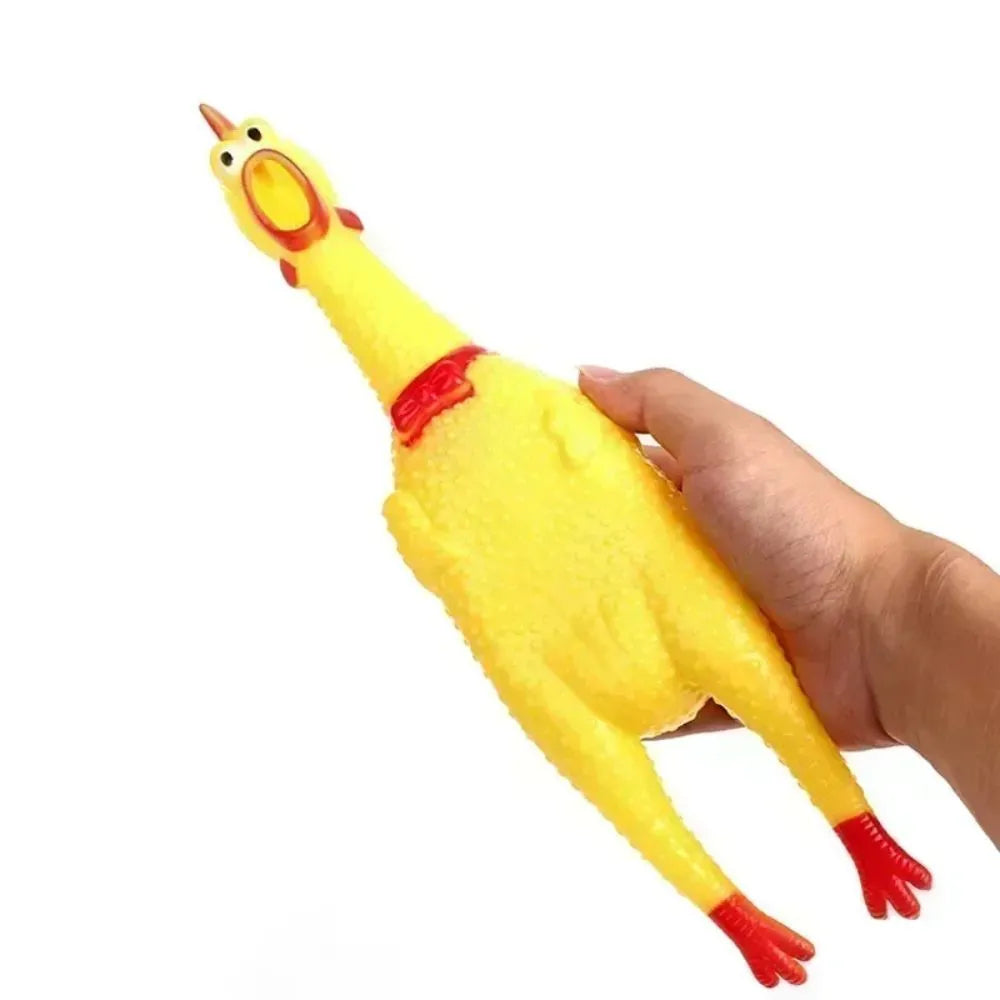 Yellow rubber screaming chicken dog squeak toy showing three size options