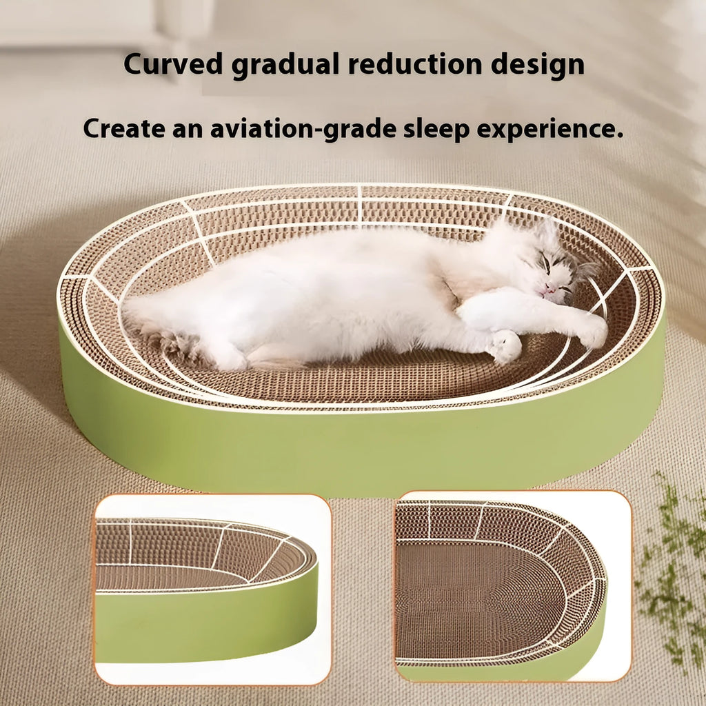 Oval-shaped green corrugated paper cat scratch board and nest measuring 55cm in diameter