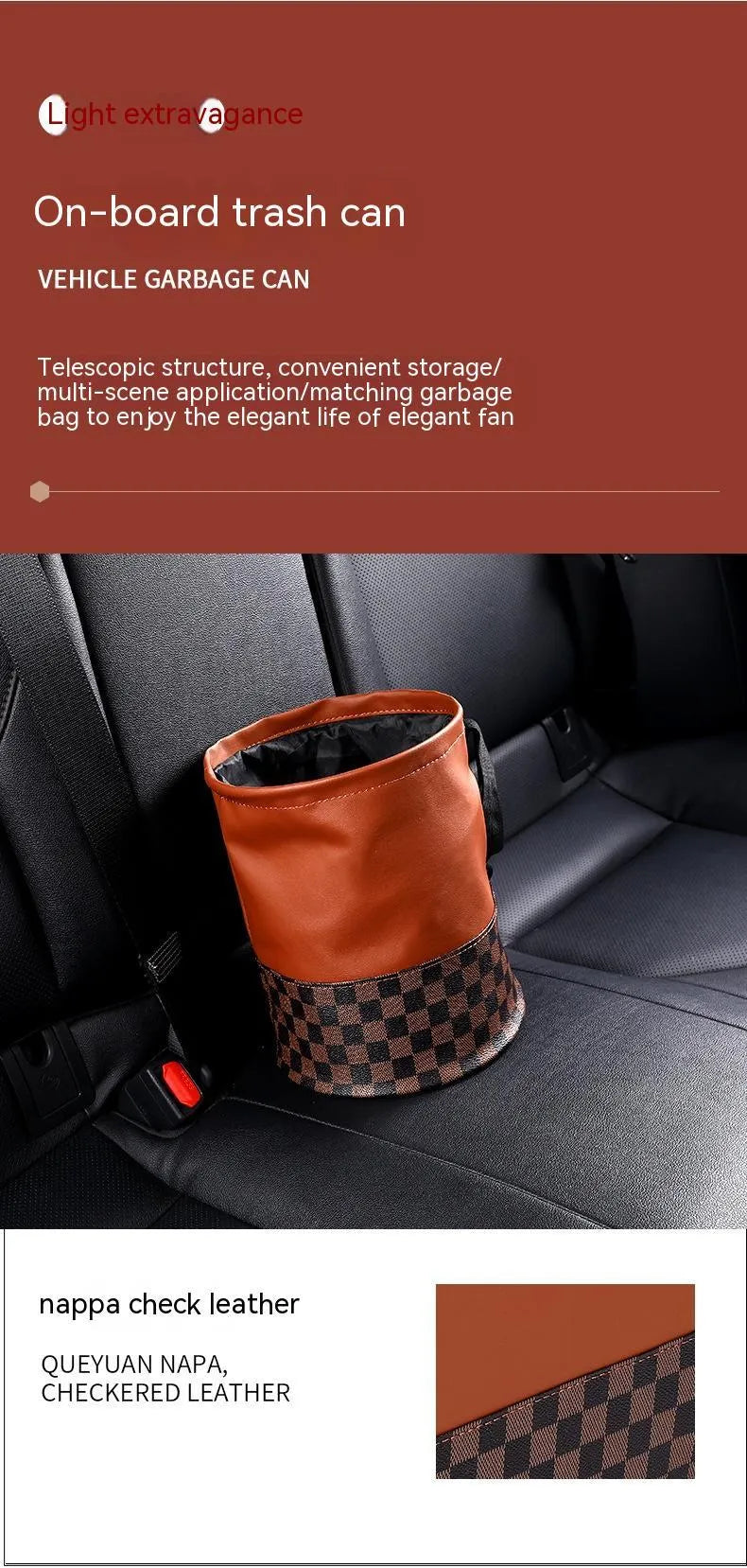 Retractable leather interior car trash can shown in colour as per product image