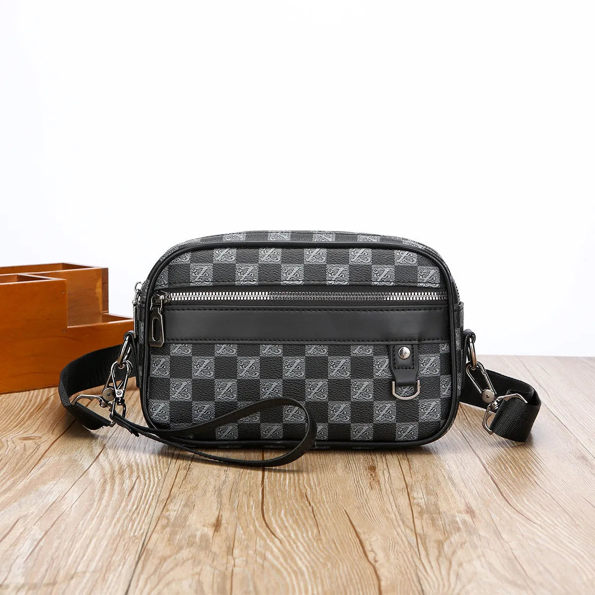 Men's black geometric pattern PU leather messenger bag with horizontal design and large capacity