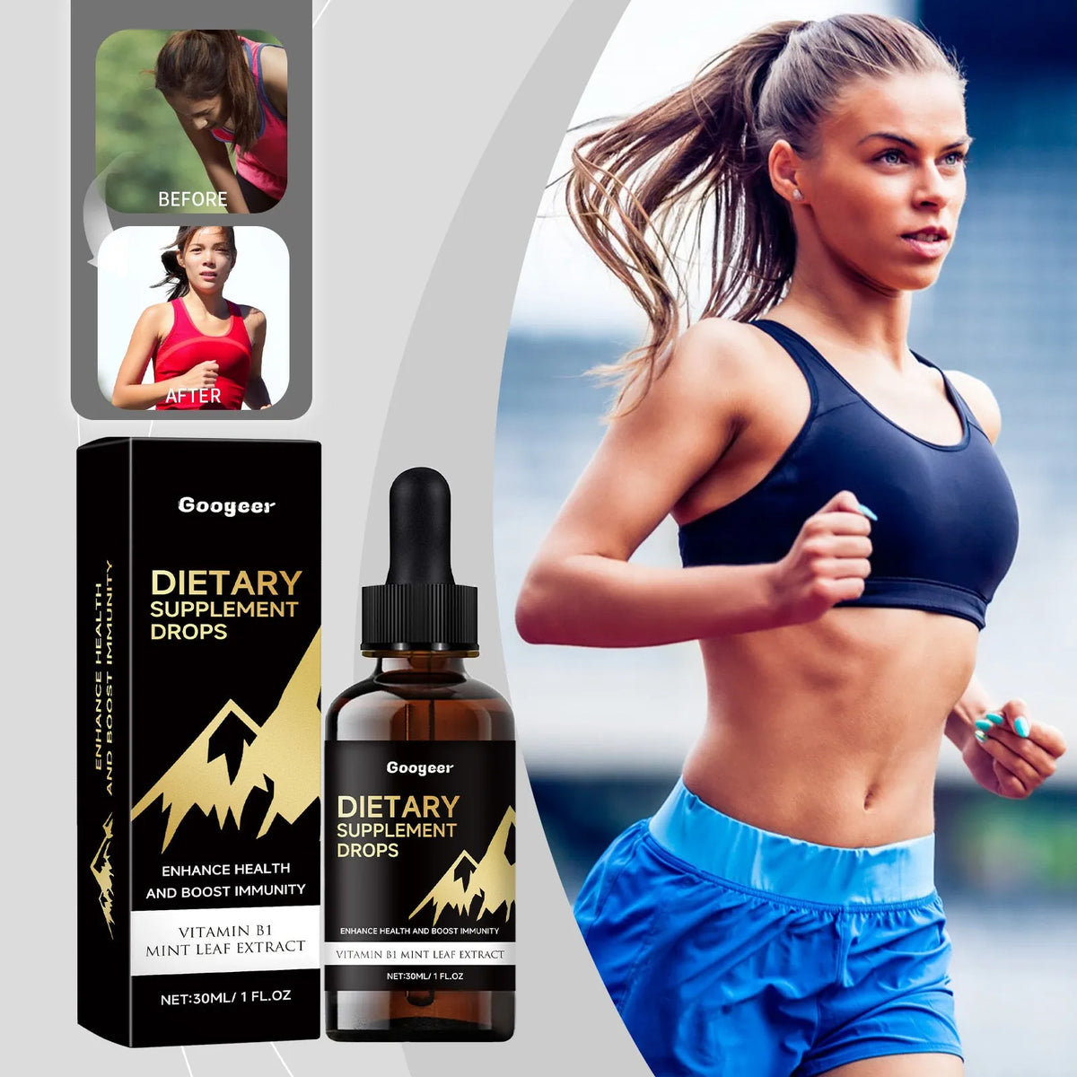 30ml bottle of vegan vitamin D dietary supplement drops with a built-in dropper.