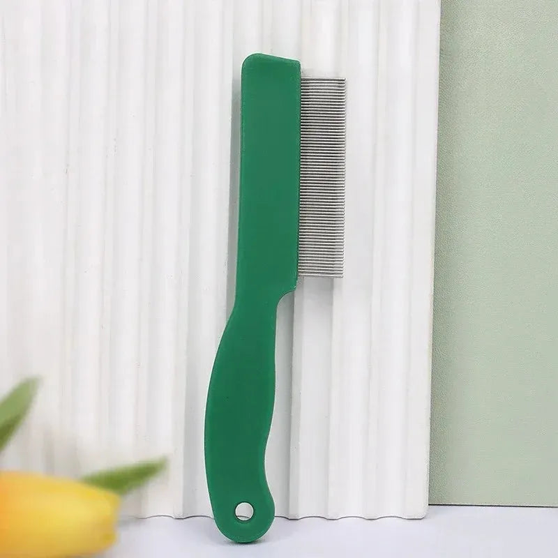 Green plastic handle flea comb with stainless steel pins for dogs and cats.
