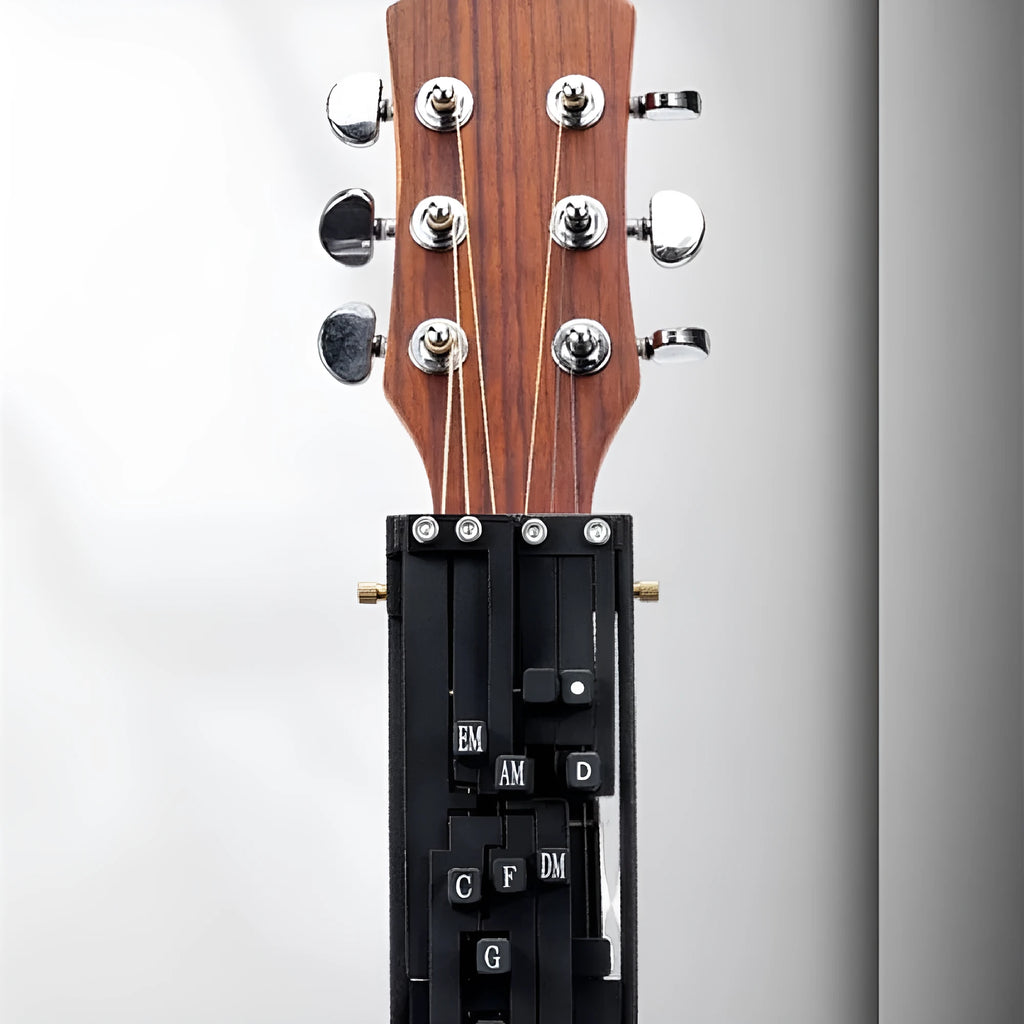 Black guitar chord maker device for auxiliary folk guitar playing and singing practice