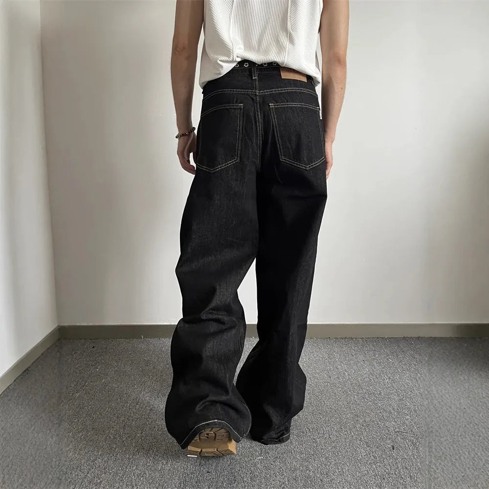 Black retro straight-leg jeans with loose wide-leg fit and mid-waist design