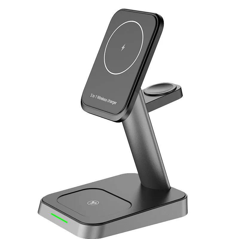 Black cubic wireless charger with vertical phone placement and watch charging area