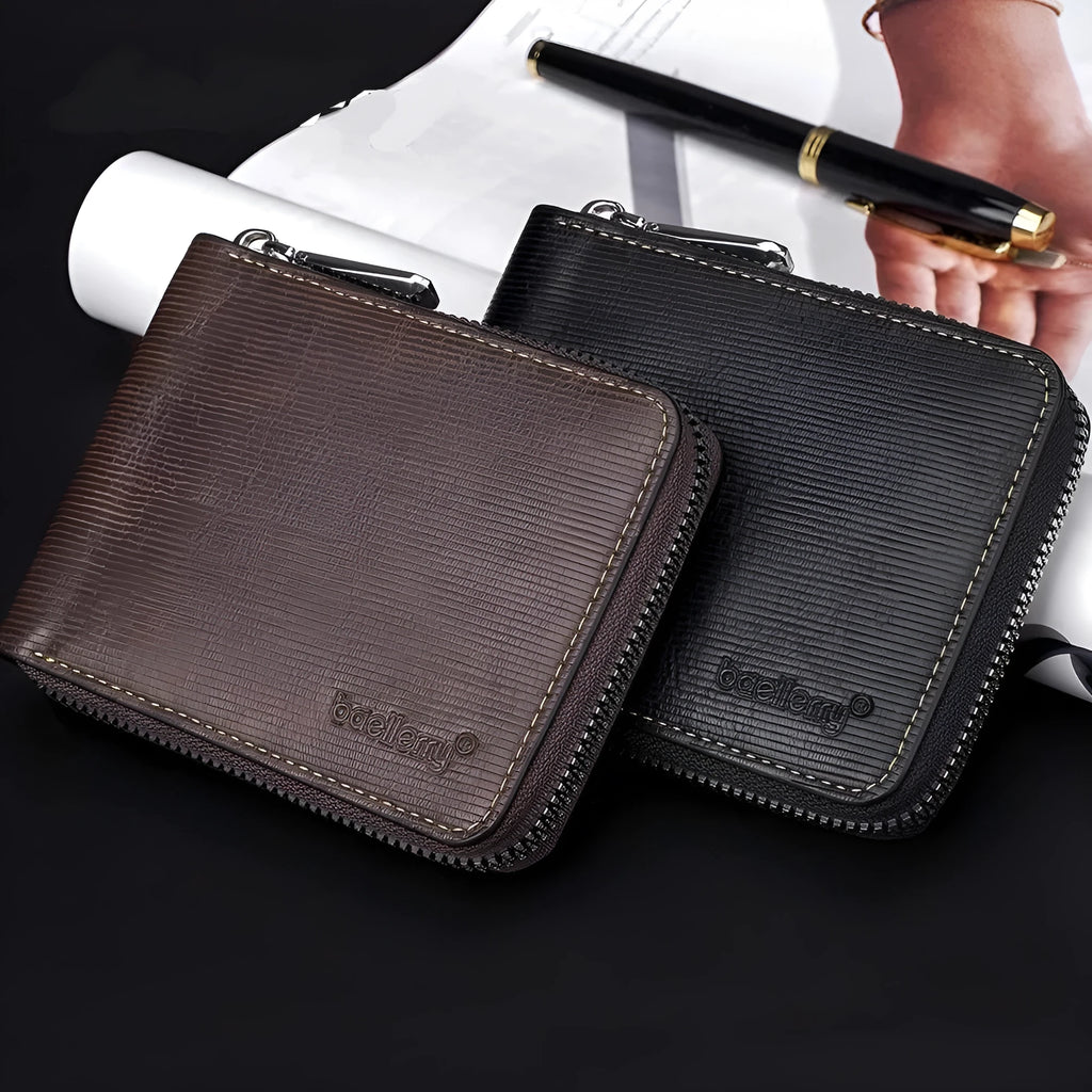 Black PU leather credit card wallet with a silver zipper and embossed texture.