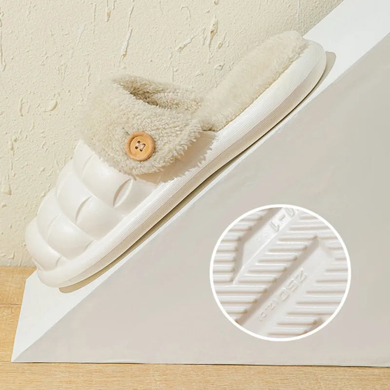 Plaid detachable EVA slippers for women in pink, showing plush lining and non-slip sole.