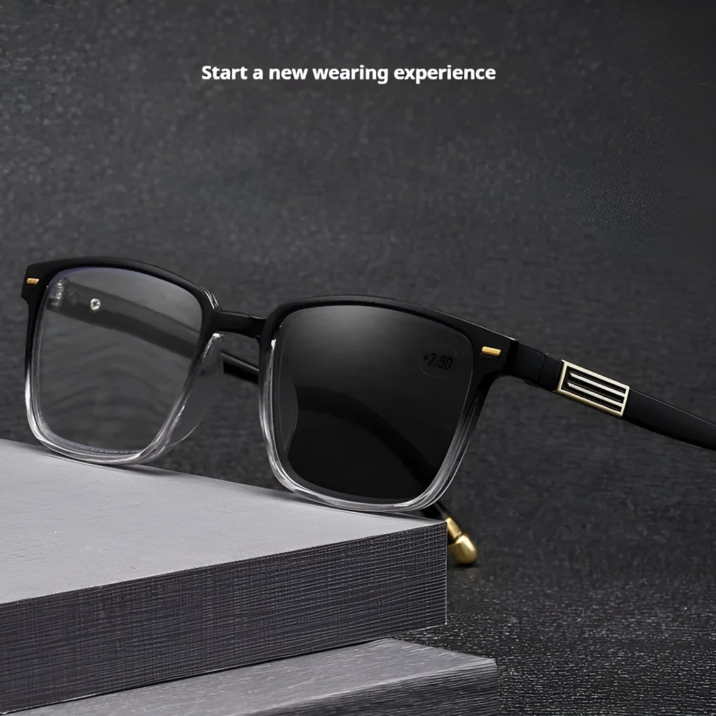 Multifocal reading glasses with color changing PC lens and black frame available in multiple degrees