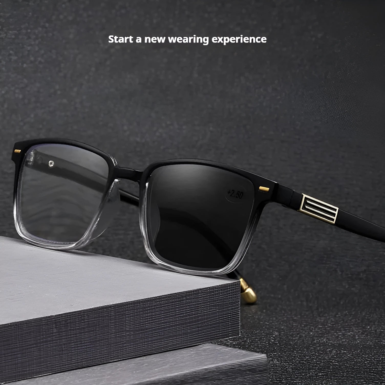 Multifocal reading glasses with color changing PC lens and black frame available in multiple degrees