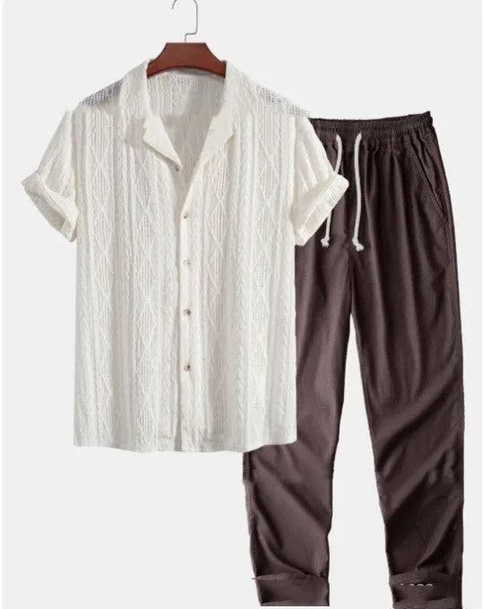 Men's milk silk summer suit set with short sleeve shirt and loose trousers