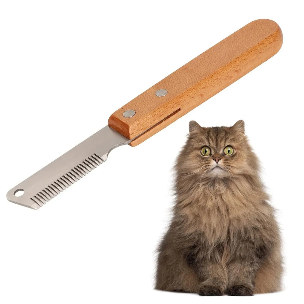 Pet stripping comb with wood handle and metal fittings for dog and cat grooming, available in long or short size