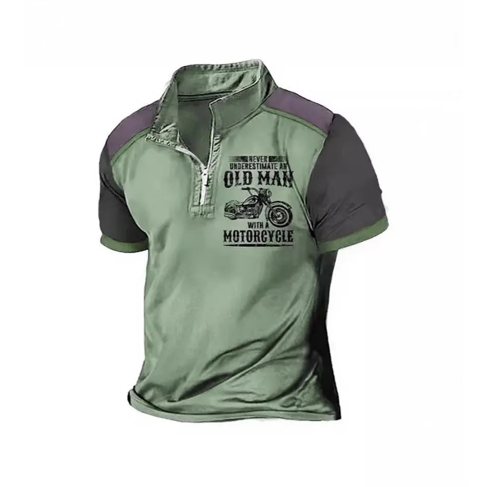 Men's casual polo shirt with lapel collar, zipper decorations and letter print pattern in polyester fabric