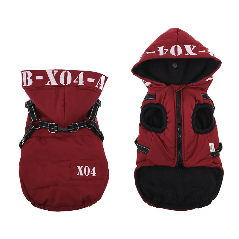Winter fleece-lined waterproof dog jacket with hood in black blue gray or red colours