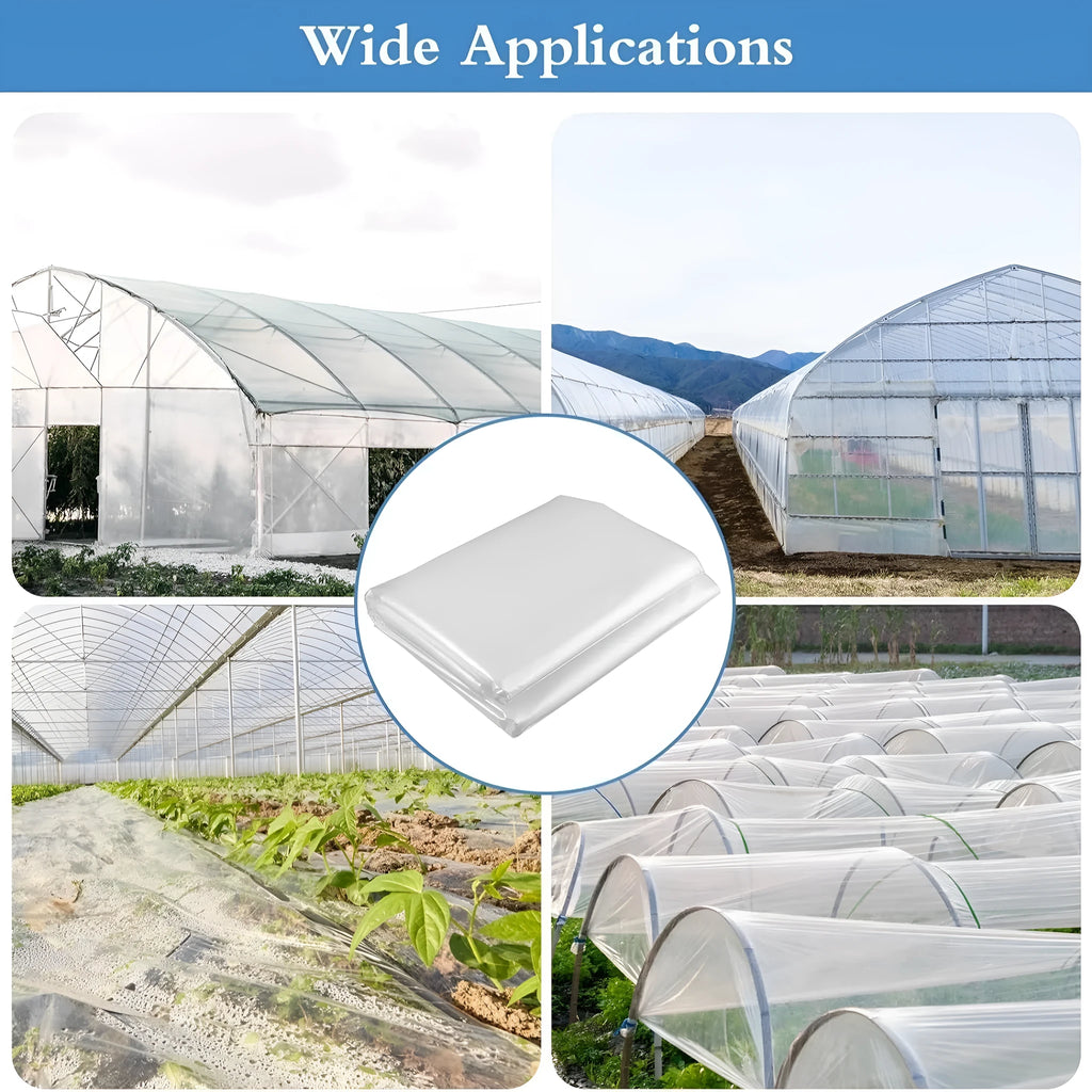 Roll of clear polyethylene plastic film for greenhouse use, labelled 4x8 metres.