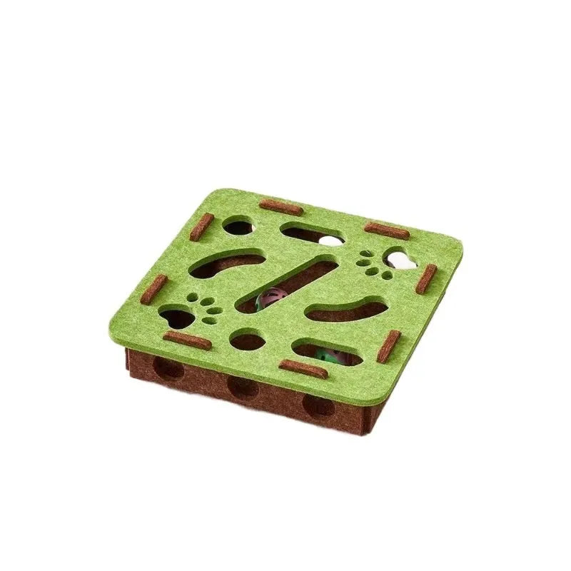 Green brown felt cat scratching toy box with internal maze holes measuring 30cm