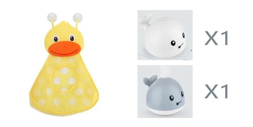 Whale-shaped electric bath toy spraying water with coloured LED lights, shown with base unit on blue background
