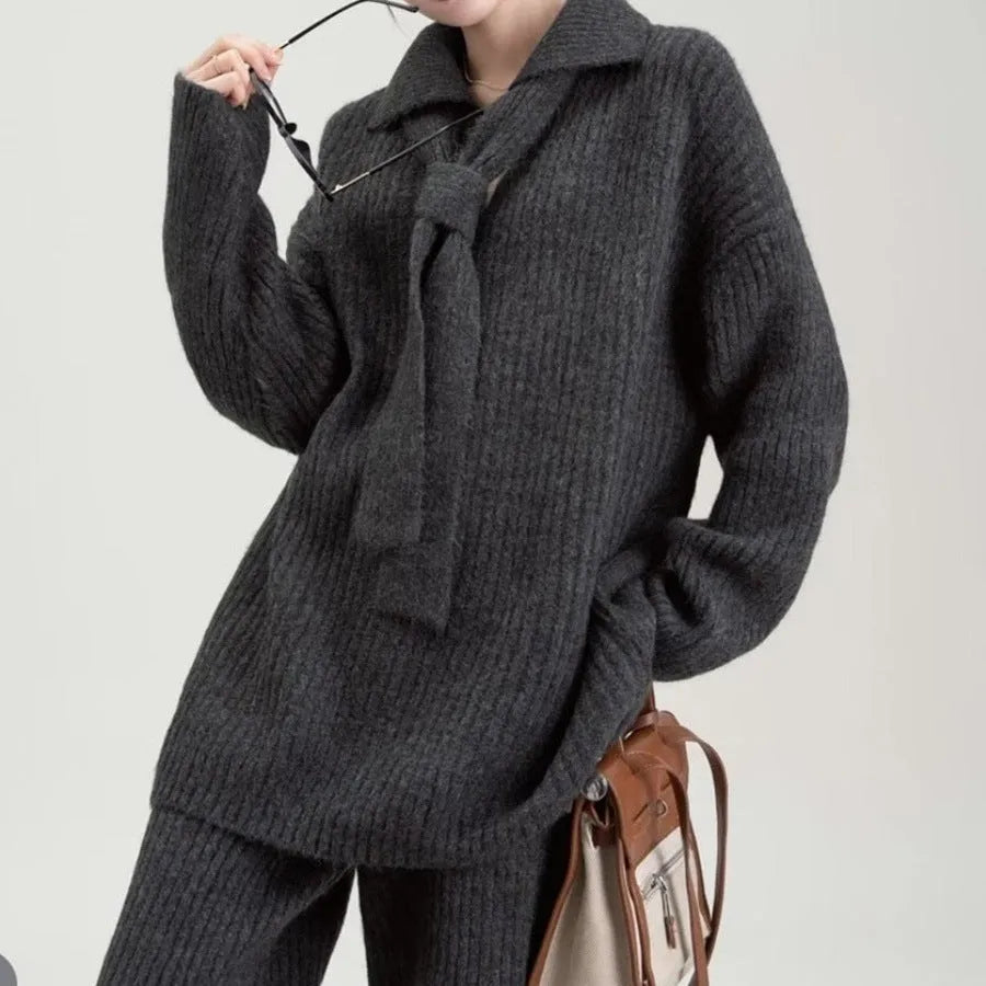Imitation cashmere sweater suit two-piece set with top and trousers in dark grey colour