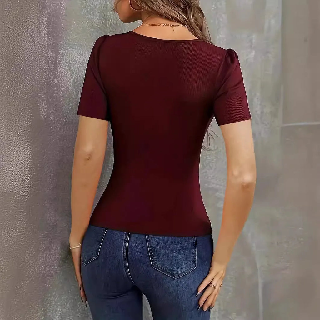 Women's slim fit knitted short sleeve top in wine red colour