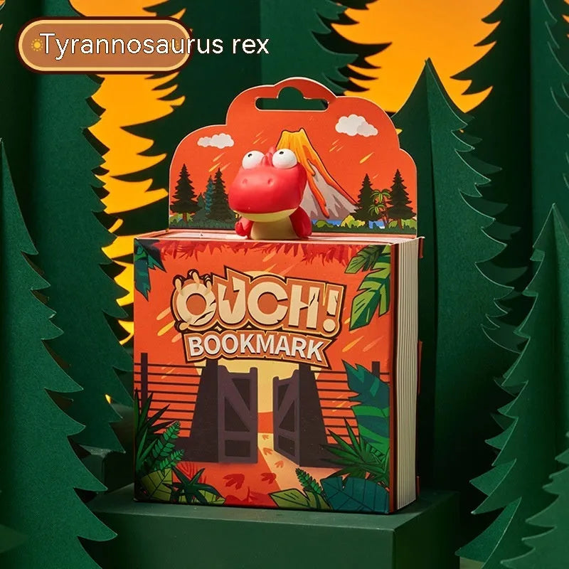 Animation-style dinosaur bookmark with T-Rex, Triceratops, Stegosaurus, and Pteranologphus designs